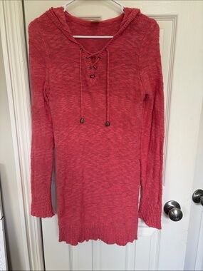 Faded Glory Coral Lace-Up Hooded Knit Tunic